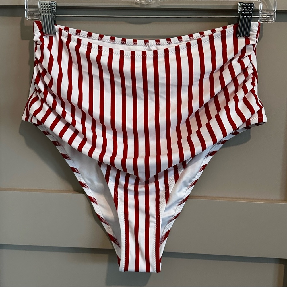 Cupshe High Waisted Red White Striped Bikini Bottom Ruched Swimsuit Women L NWT